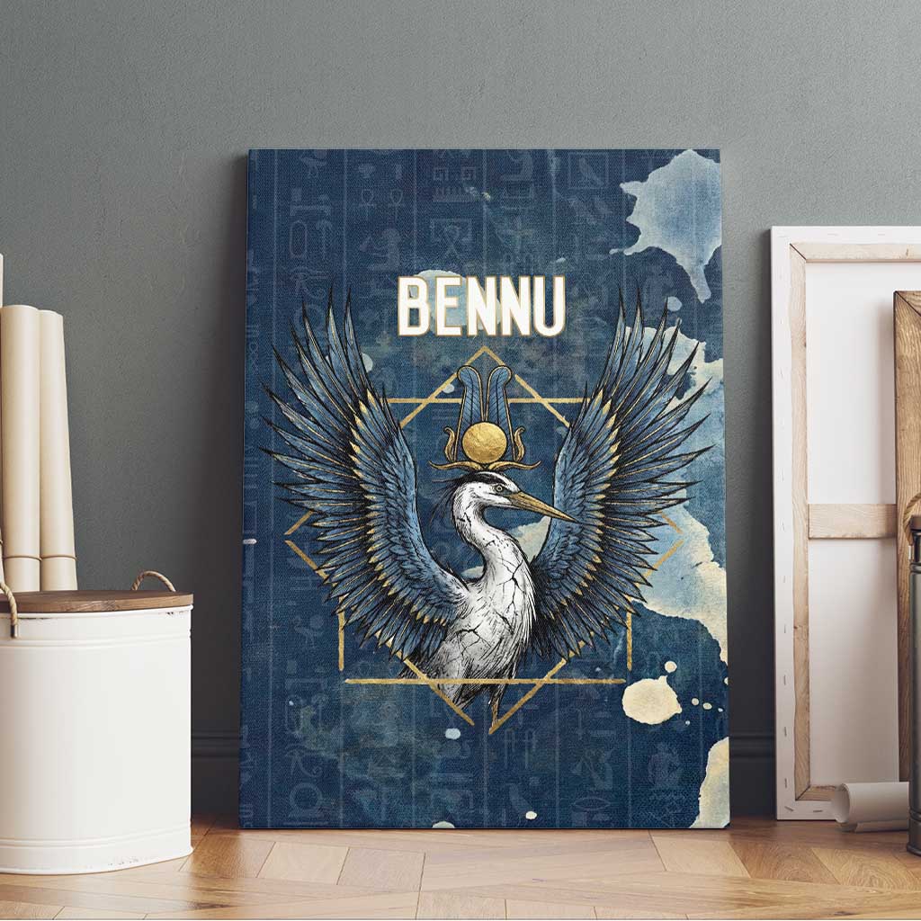 Bennu Ancient Egyptian Canvas Wall Art with Deep Blue Ink Wash, Winged Bennu Bird and Soul of Ra - Wonder Print Shop