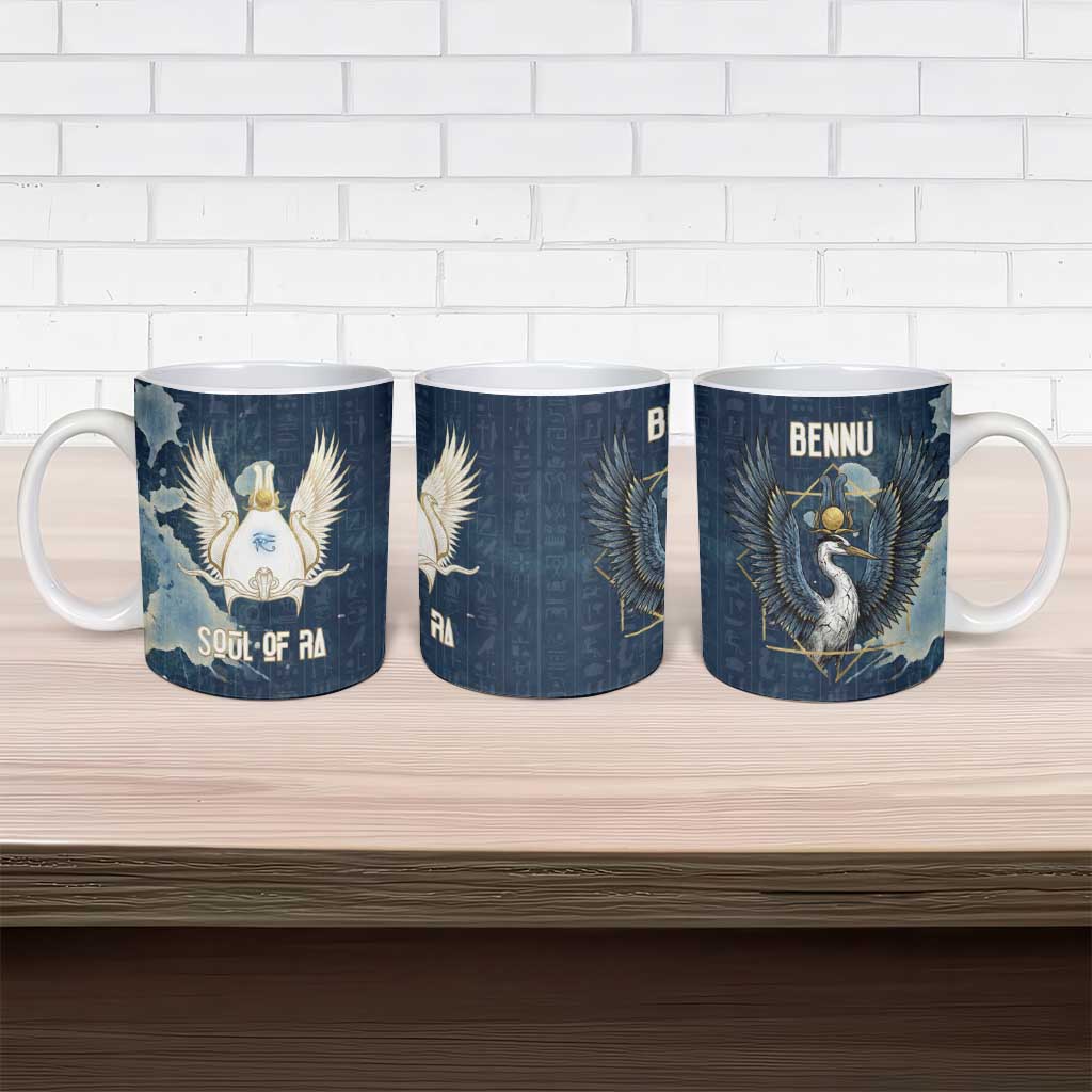 Bennu Ancient Egyptian Ceramic Mug with Deep Blue Ink Wash, Winged Bennu Bird and Soul of Ra - Wonder Print Shop