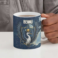 Bennu Ancient Egyptian Ceramic Mug with Deep Blue Ink Wash, Winged Bennu Bird and Soul of Ra - Wonder Print Shop