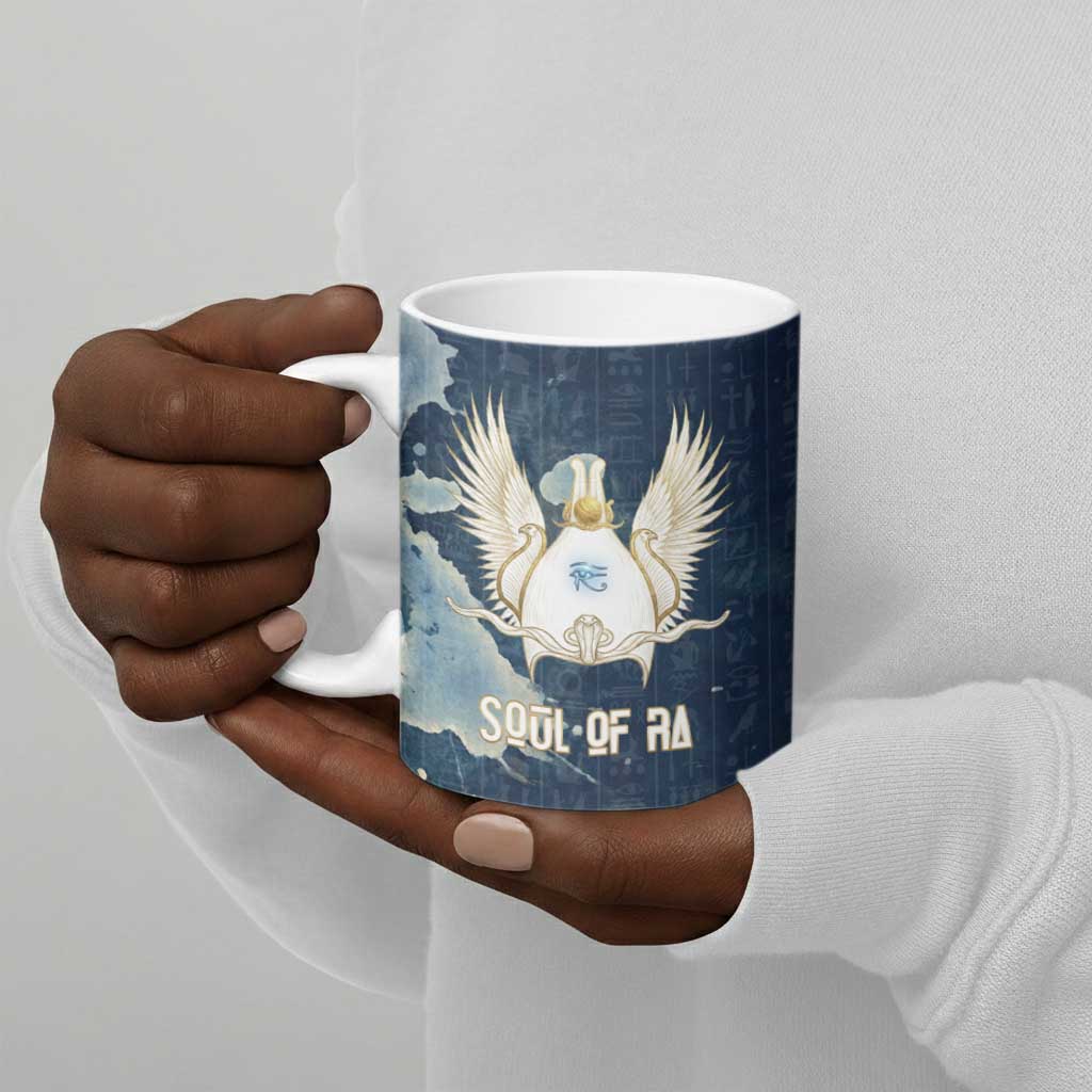 Bennu Ancient Egyptian Ceramic Mug with Deep Blue Ink Wash, Winged Bennu Bird and Soul of Ra - Wonder Print Shop