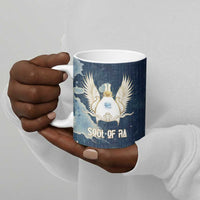 Bennu Ancient Egyptian Ceramic Mug with Deep Blue Ink Wash, Winged Bennu Bird and Soul of Ra - Wonder Print Shop