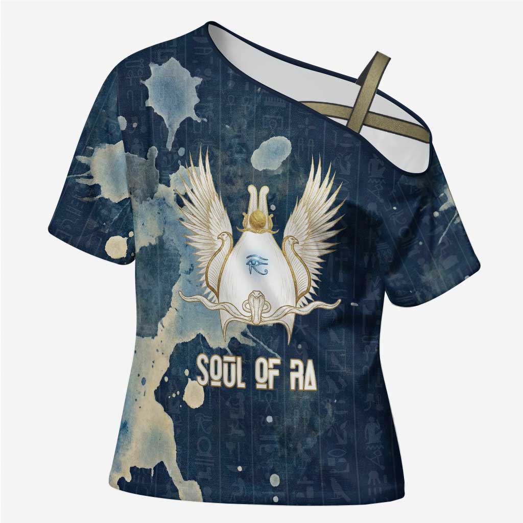 Bennu Ancient Egyptian Cross Shoulder Shirt with Deep Blue Ink Wash, Winged Bennu Bird and Soul of Ra - Wonder Print Shop
