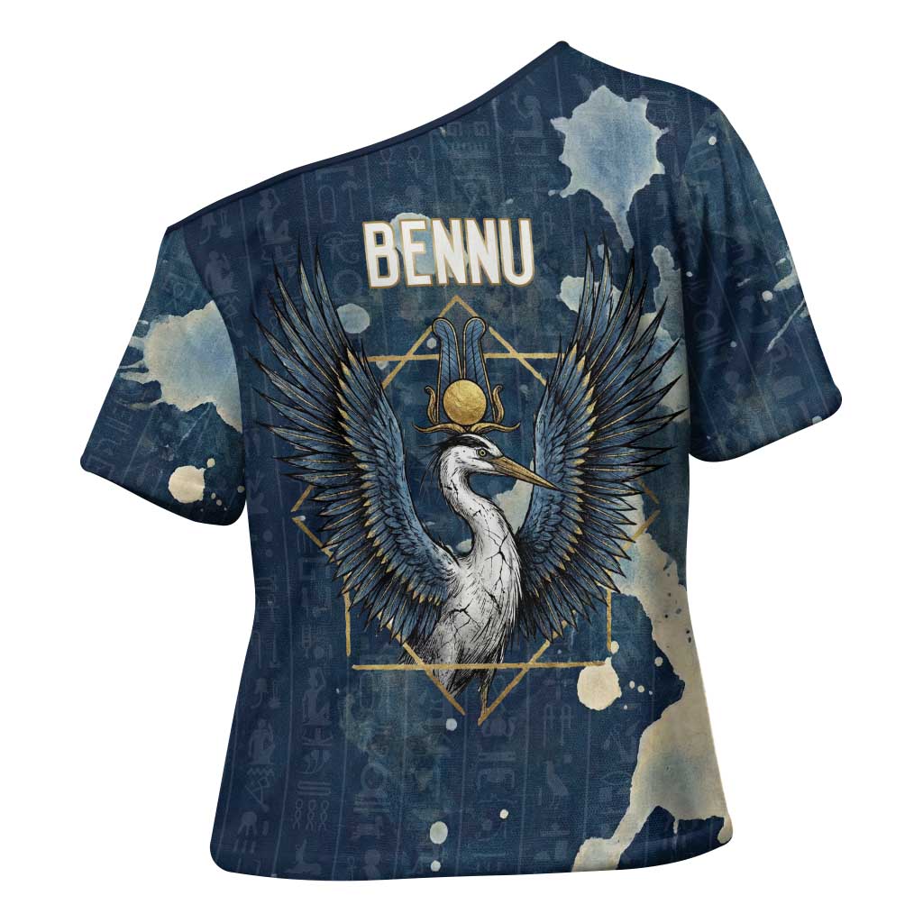 Bennu Ancient Egyptian Cross Shoulder Shirt with Deep Blue Ink Wash, Winged Bennu Bird and Soul of Ra - Wonder Print Shop