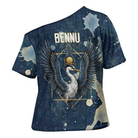 Bennu Ancient Egyptian Cross Shoulder Shirt with Deep Blue Ink Wash, Winged Bennu Bird and Soul of Ra - Wonder Print Shop