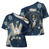 Bennu Ancient Egyptian Cross Shoulder Shirt with Deep Blue Ink Wash, Winged Bennu Bird and Soul of Ra - Wonder Print Shop