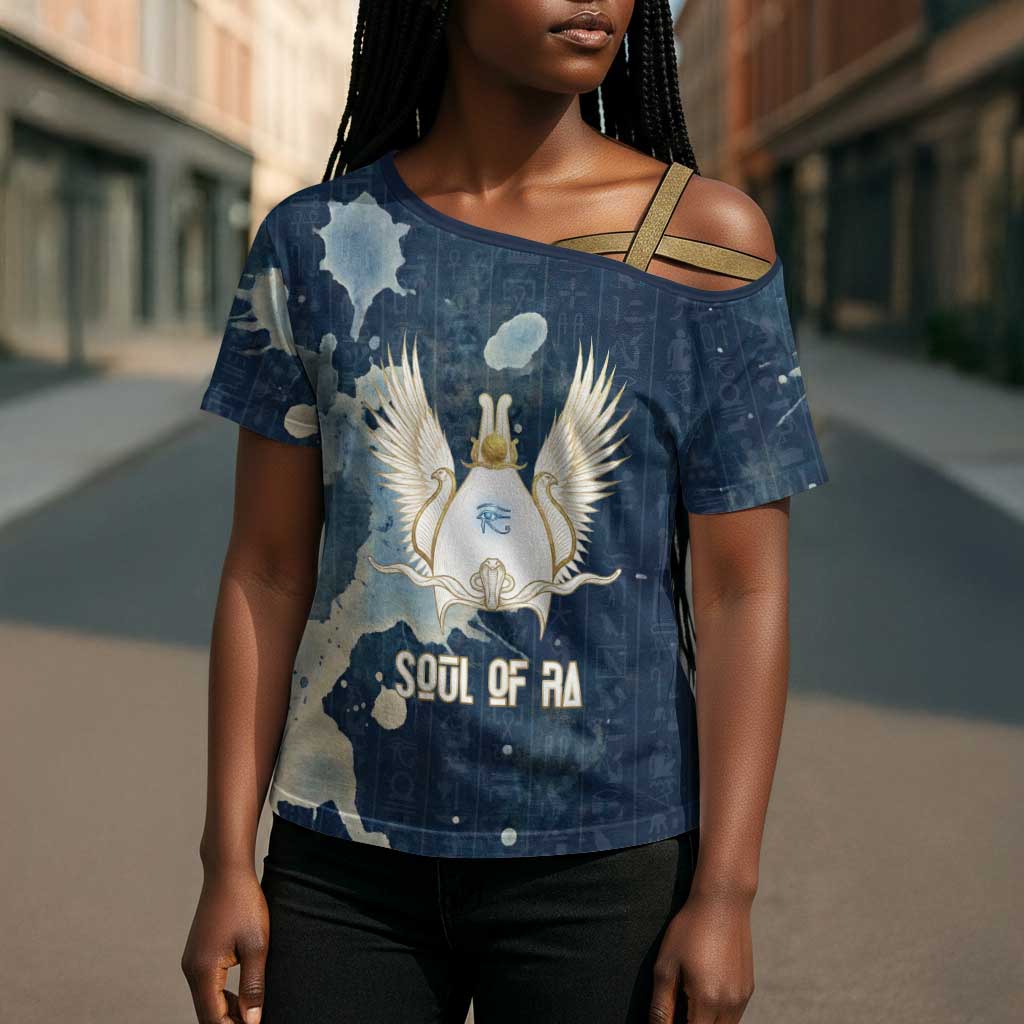 Bennu Ancient Egyptian Cross Shoulder Shirt with Deep Blue Ink Wash, Winged Bennu Bird and Soul of Ra - Wonder Print Shop
