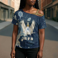 Bennu Ancient Egyptian Cross Shoulder Shirt with Deep Blue Ink Wash, Winged Bennu Bird and Soul of Ra - Wonder Print Shop