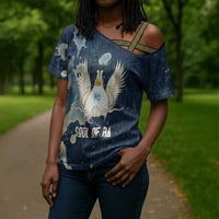 Bennu Ancient Egyptian Cross Shoulder Shirt with Deep Blue Ink Wash, Winged Bennu Bird and Soul of Ra - Wonder Print Shop