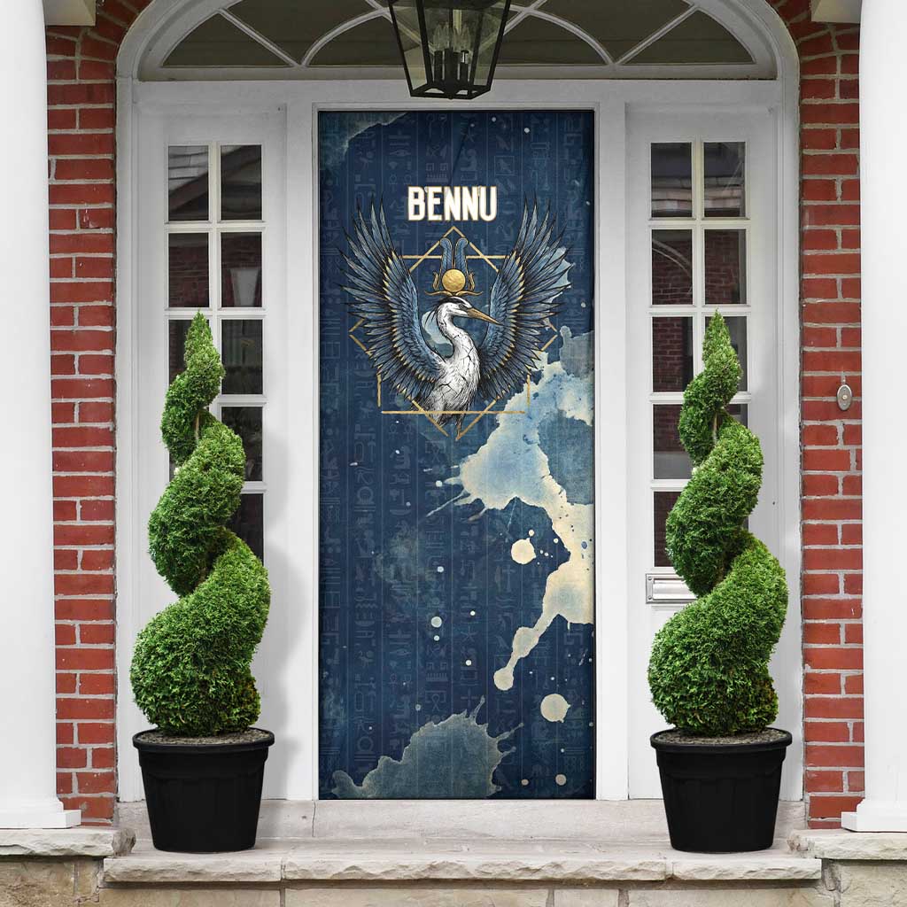 Bennu Ancient Egyptian Door Cover with Deep Blue Ink Wash, Winged Bennu Bird and Soul of Ra - Wonder Print Shop