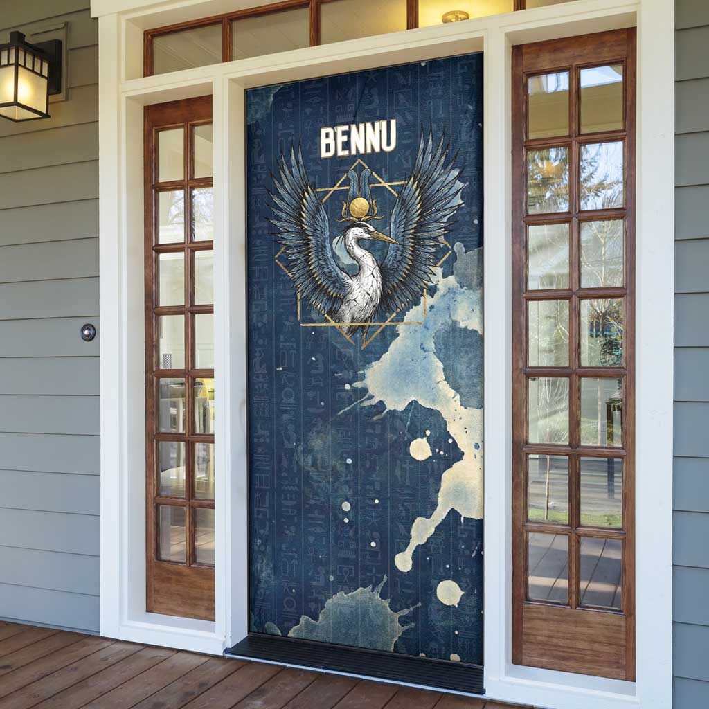 Bennu Ancient Egyptian Door Cover with Deep Blue Ink Wash, Winged Bennu Bird and Soul of Ra - Wonder Print Shop