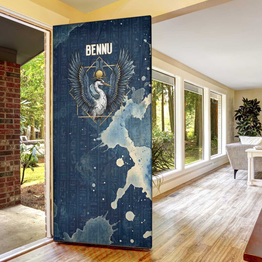 Bennu Ancient Egyptian Door Cover with Deep Blue Ink Wash, Winged Bennu Bird and Soul of Ra - Wonder Print Shop