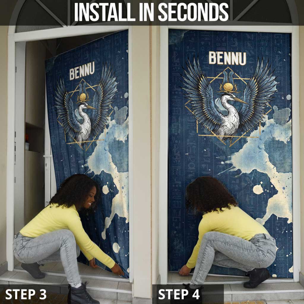 Bennu Ancient Egyptian Door Cover with Deep Blue Ink Wash, Winged Bennu Bird and Soul of Ra - Wonder Print Shop