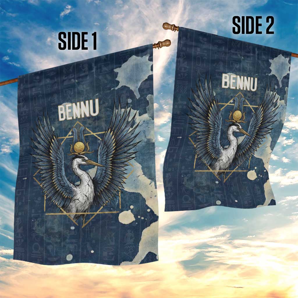 Bennu Ancient Egyptian Garden Flag with Deep Blue Ink Wash, Winged Bennu Bird and Soul of Ra - Wonder Print Shop