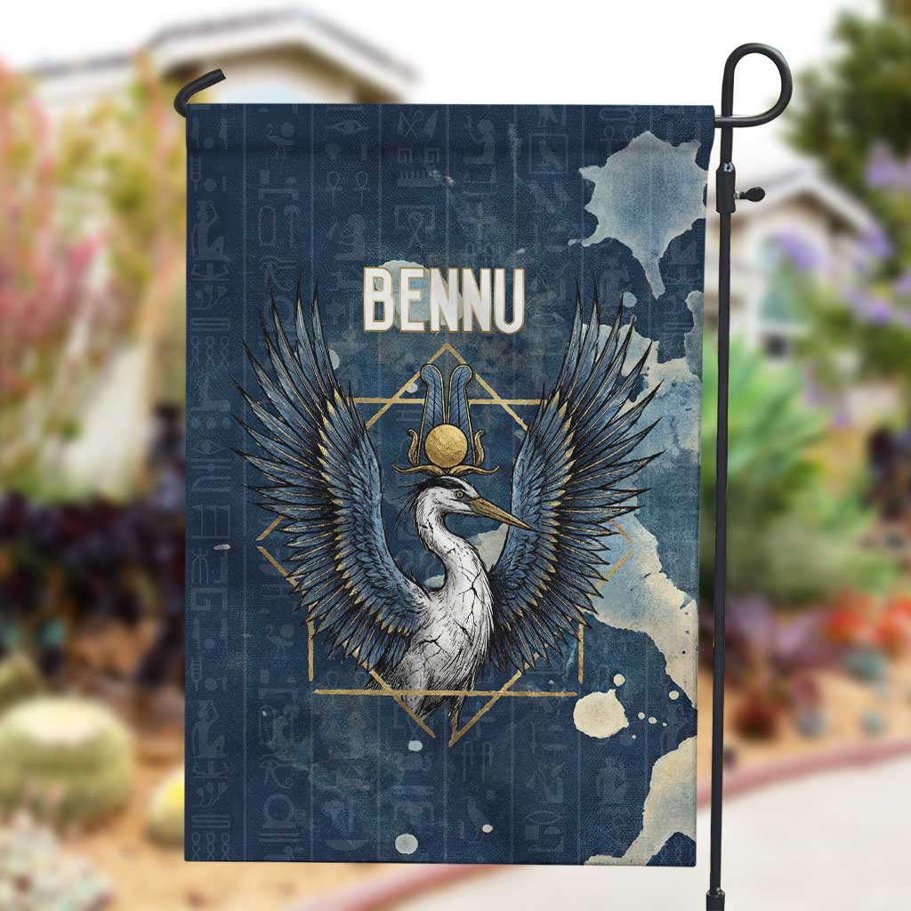 Bennu Ancient Egyptian Garden Flag with Deep Blue Ink Wash, Winged Bennu Bird and Soul of Ra - Wonder Print Shop