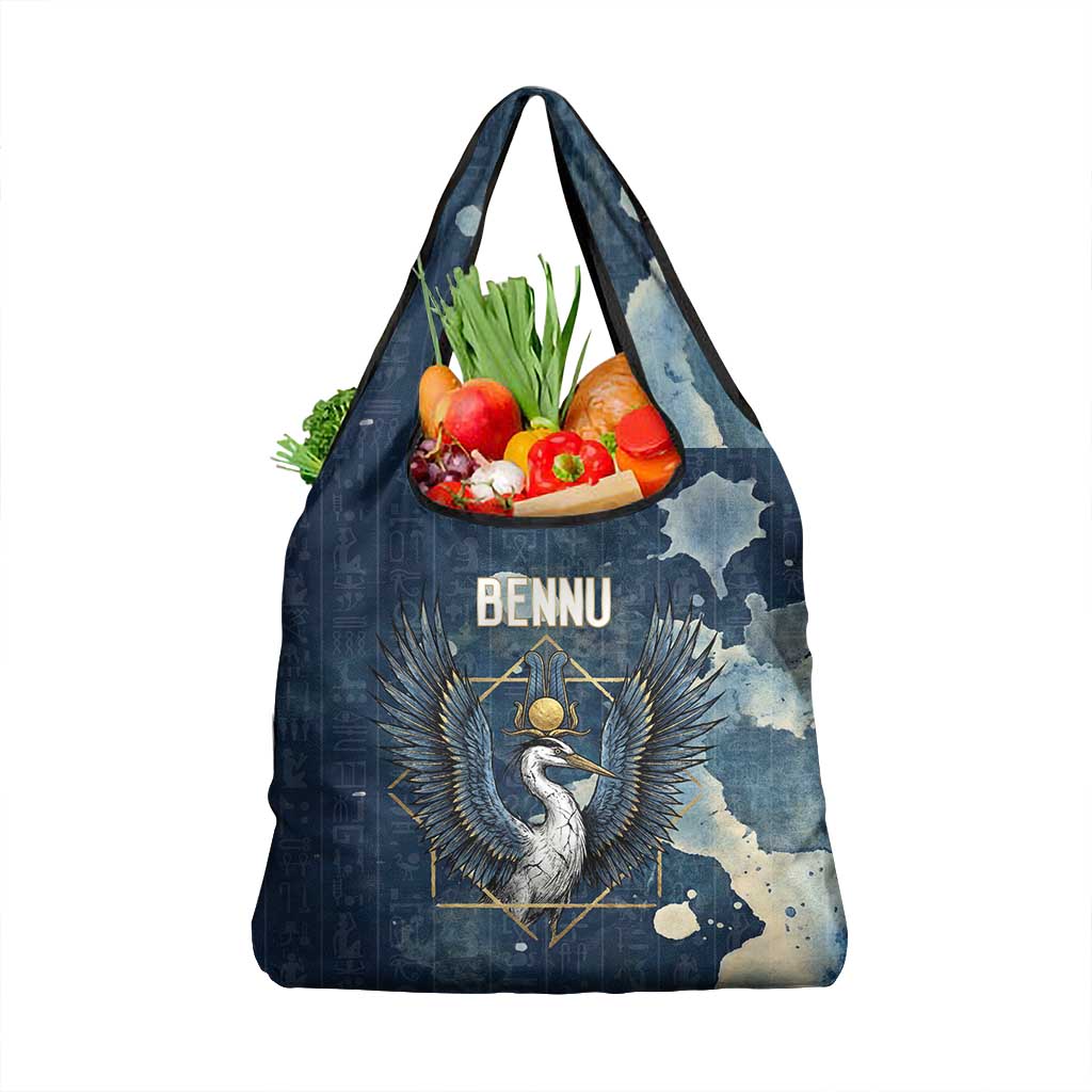 Bennu Ancient Egyptian Grocery Bag with Deep Blue Ink Wash, Winged Bennu Bird and Soul of Ra - Wonder Print Shop