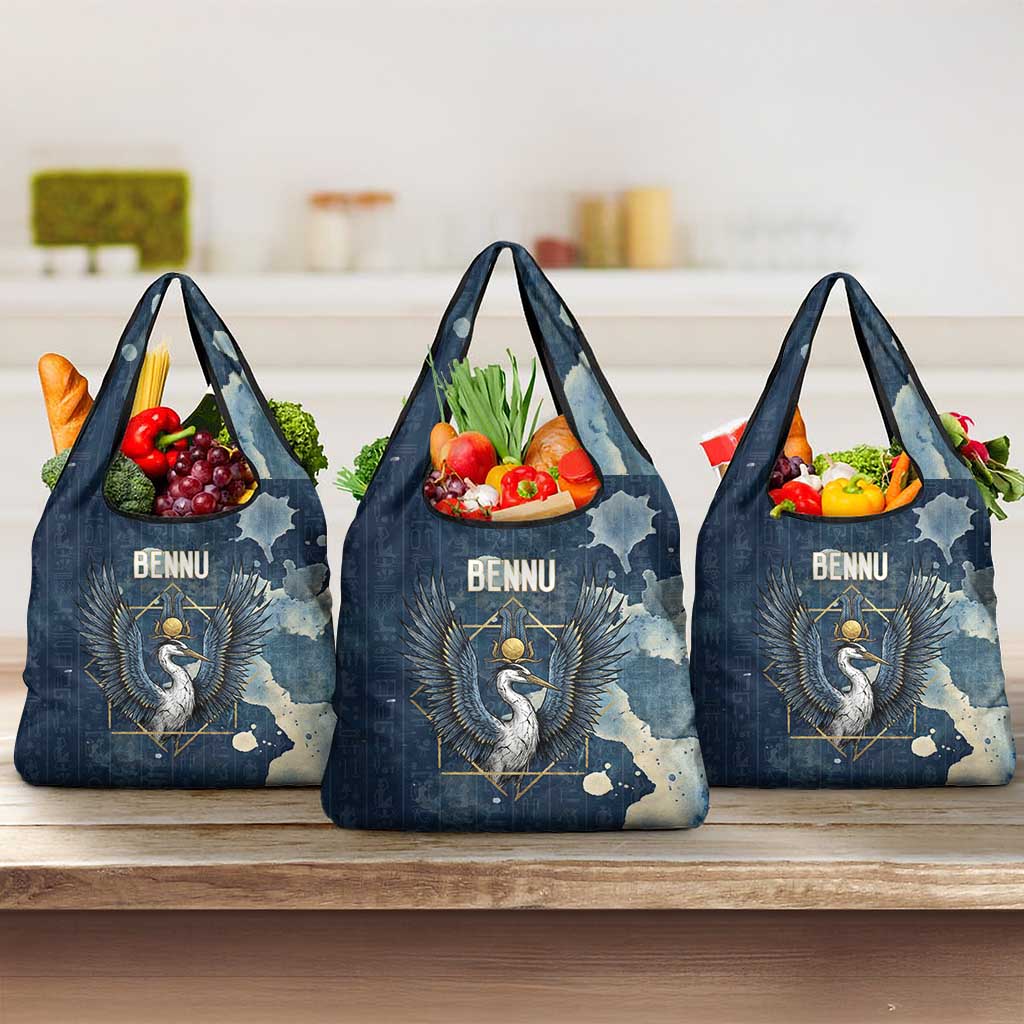 Bennu Ancient Egyptian Grocery Bag with Deep Blue Ink Wash, Winged Bennu Bird and Soul of Ra - Wonder Print Shop