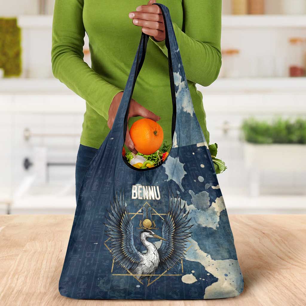 Bennu Ancient Egyptian Grocery Bag with Deep Blue Ink Wash, Winged Bennu Bird and Soul of Ra - Wonder Print Shop