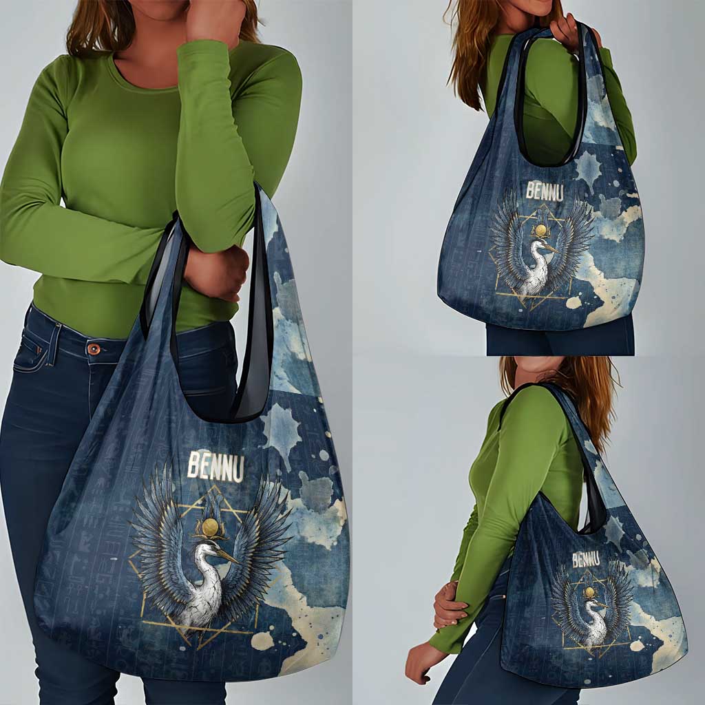 Bennu Ancient Egyptian Grocery Bag with Deep Blue Ink Wash, Winged Bennu Bird and Soul of Ra - Wonder Print Shop