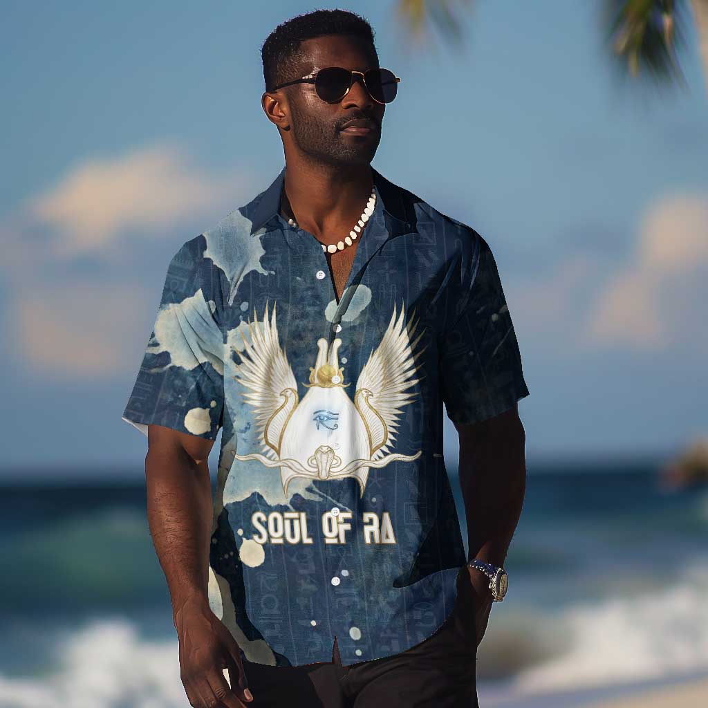 Bennu Ancient Egyptian Hawaiian Shirt with Deep Blue Ink Wash, Winged Bennu Bird and Soul of Ra - Wonder Print Shop