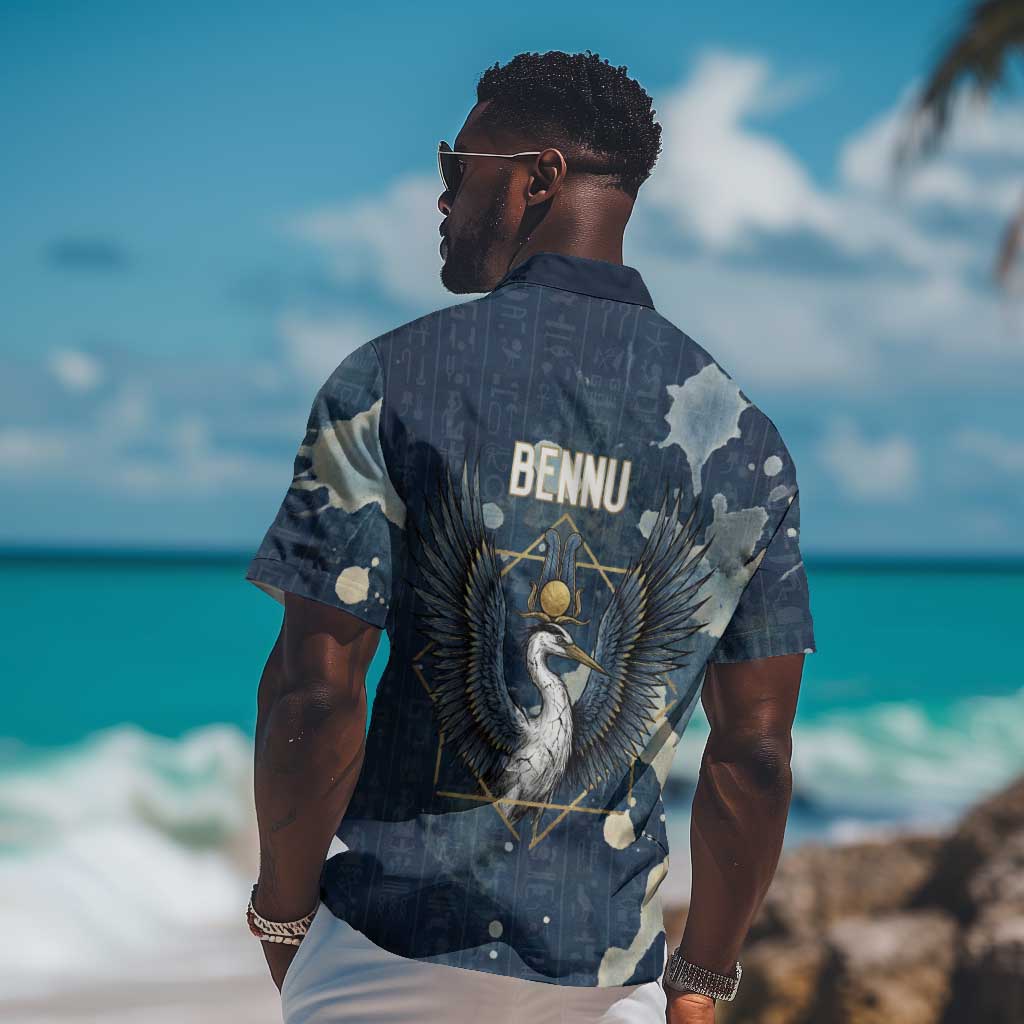 Bennu Ancient Egyptian Hawaiian Shirt with Deep Blue Ink Wash, Winged Bennu Bird and Soul of Ra - Wonder Print Shop