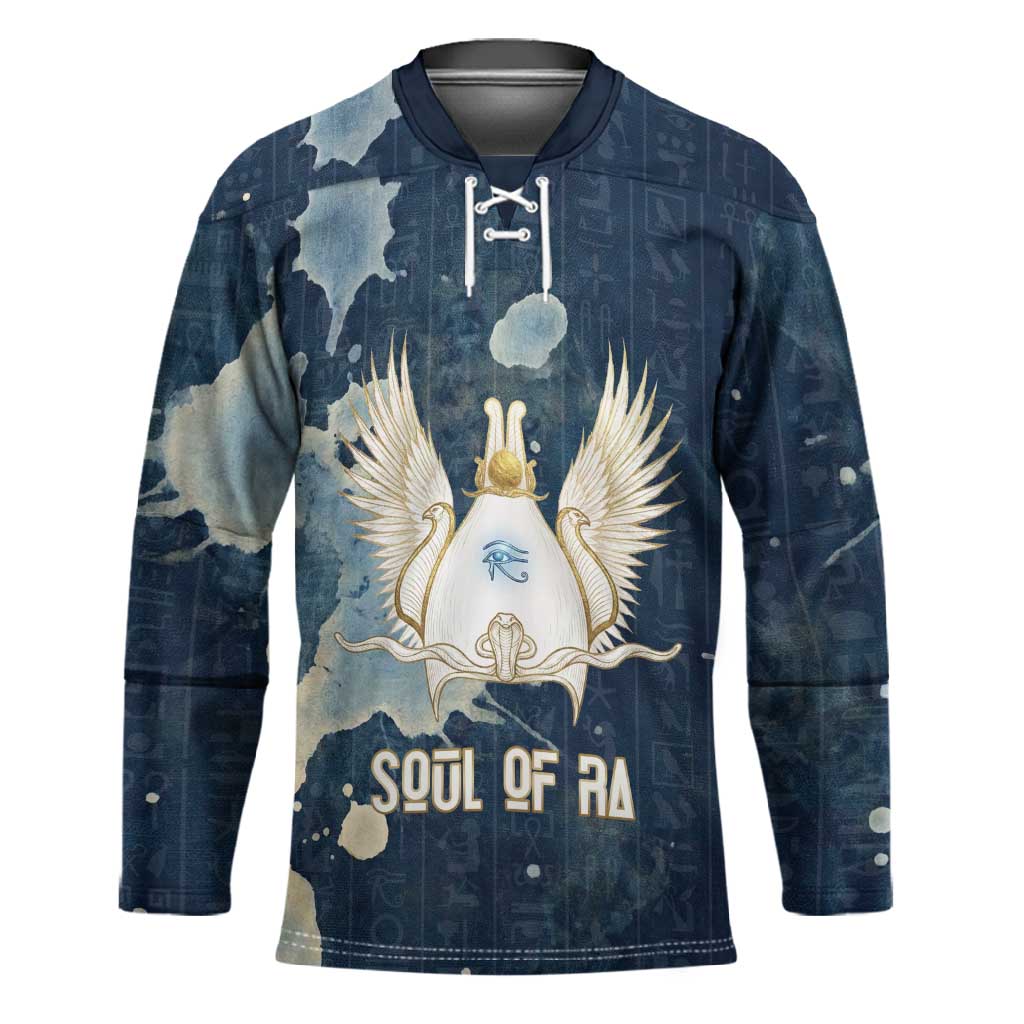 Bennu Ancient Egyptian Hockey Jersey with Deep Blue Ink Wash, Winged Bennu Bird and Soul of Ra - Wonder Print Shop