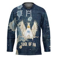 Bennu Ancient Egyptian Hockey Jersey with Deep Blue Ink Wash, Winged Bennu Bird and Soul of Ra - Wonder Print Shop