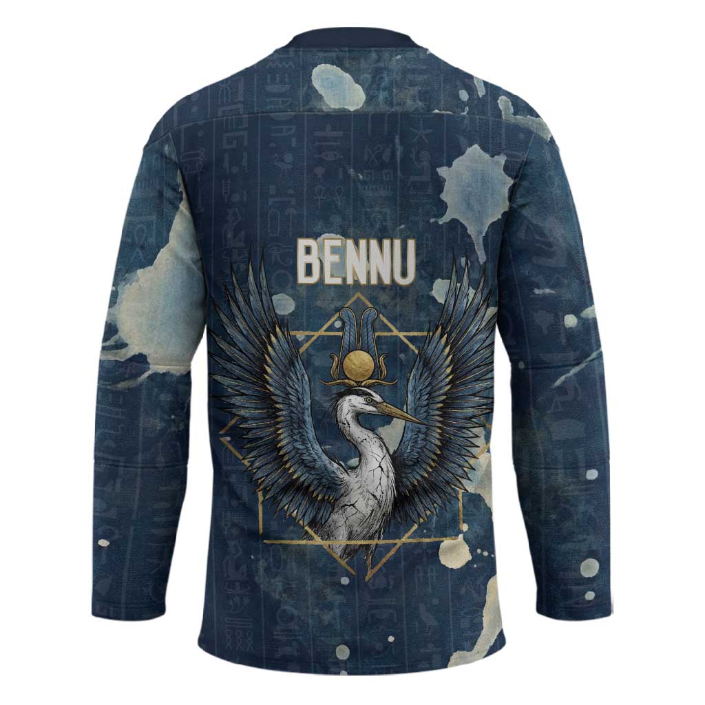 Bennu Ancient Egyptian Hockey Jersey with Deep Blue Ink Wash, Winged Bennu Bird and Soul of Ra - Wonder Print Shop