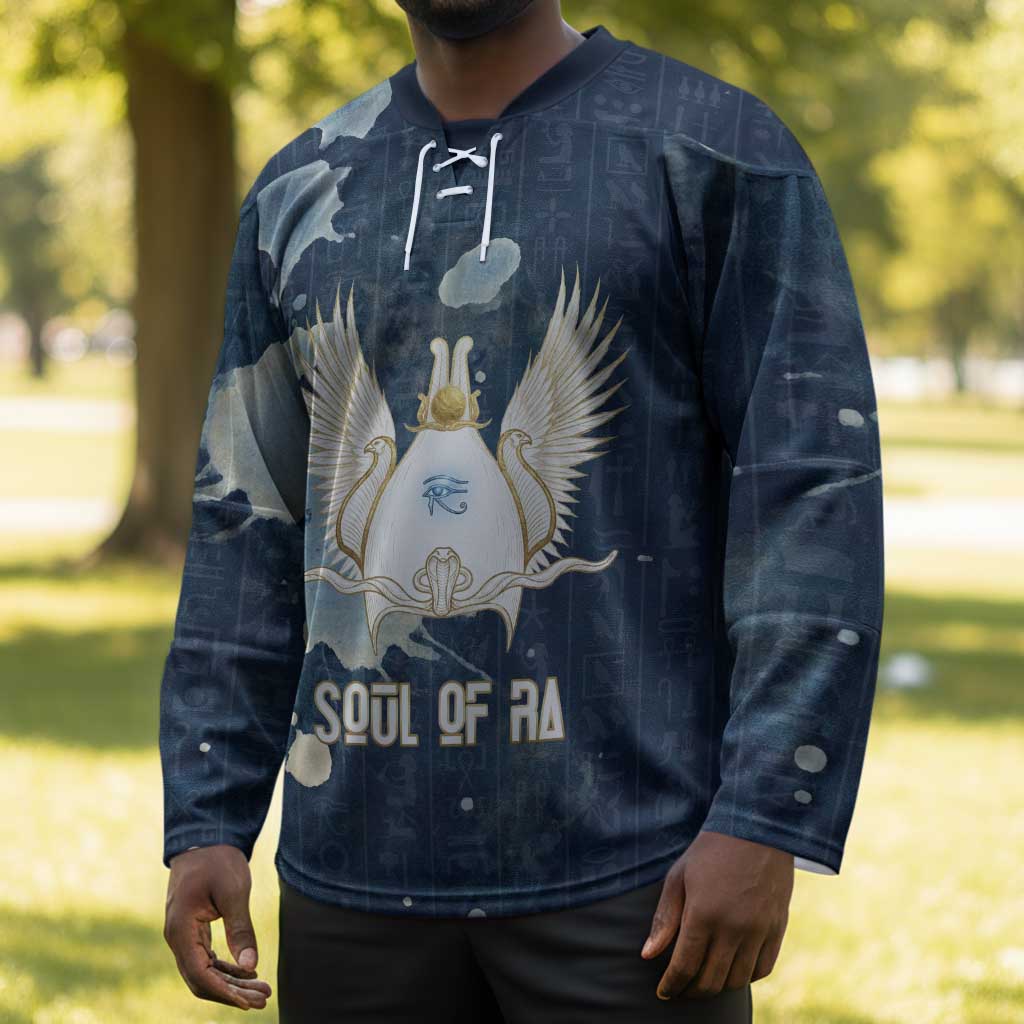 Bennu Ancient Egyptian Hockey Jersey with Deep Blue Ink Wash, Winged Bennu Bird and Soul of Ra - Wonder Print Shop