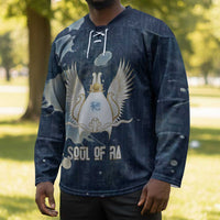 Bennu Ancient Egyptian Hockey Jersey with Deep Blue Ink Wash, Winged Bennu Bird and Soul of Ra - Wonder Print Shop