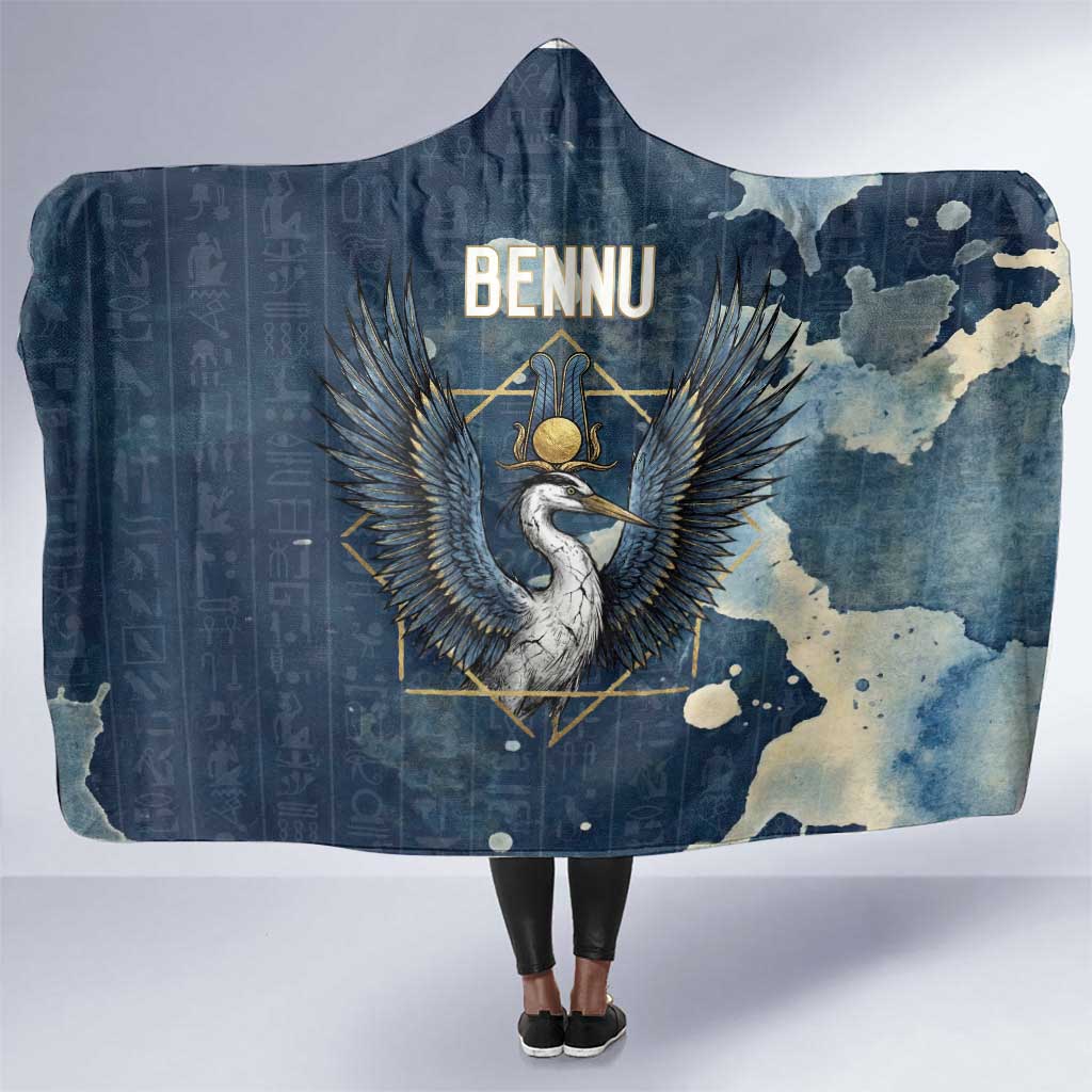 Bennu Ancient Egyptian Hooded Blanket with Deep Blue Ink Wash, Winged Bennu Bird and Soul of Ra - Wonder Print Shop