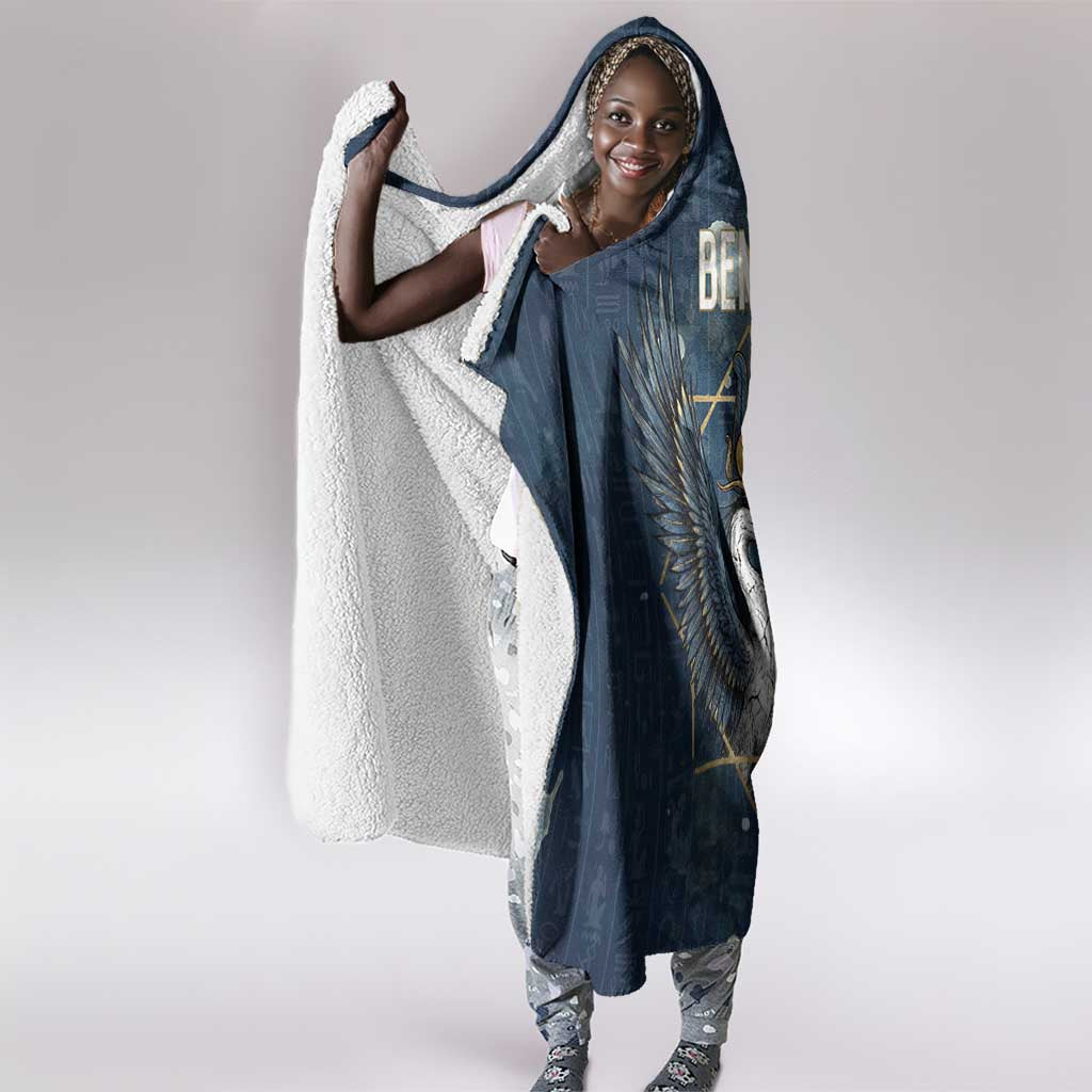 Bennu Ancient Egyptian Hooded Blanket with Deep Blue Ink Wash, Winged Bennu Bird and Soul of Ra - Wonder Print Shop