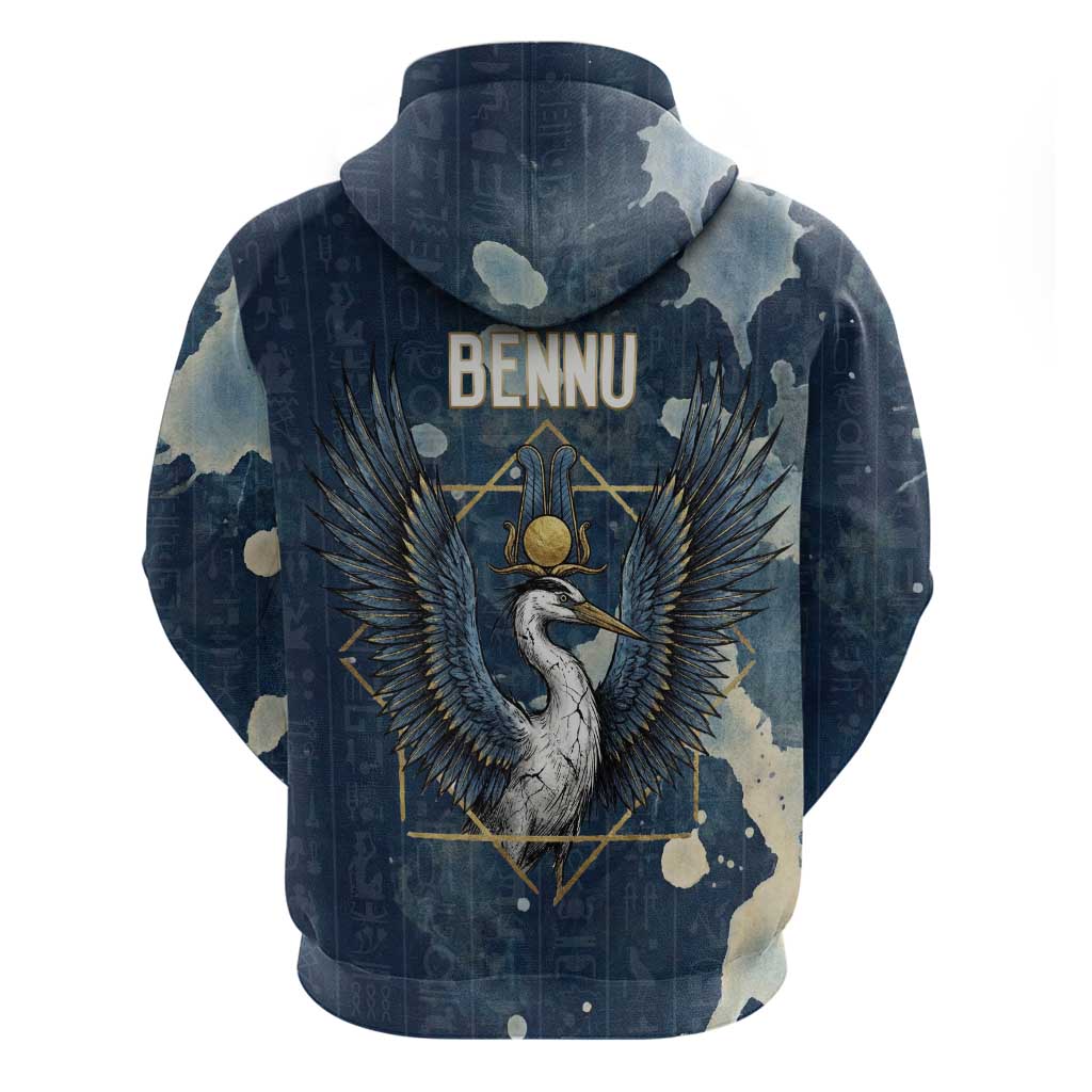 Bennu Ancient Egyptian Hoodie with Deep Blue Ink Wash, Winged Bennu Bird and Soul of Ra - Wonder Print Shop
