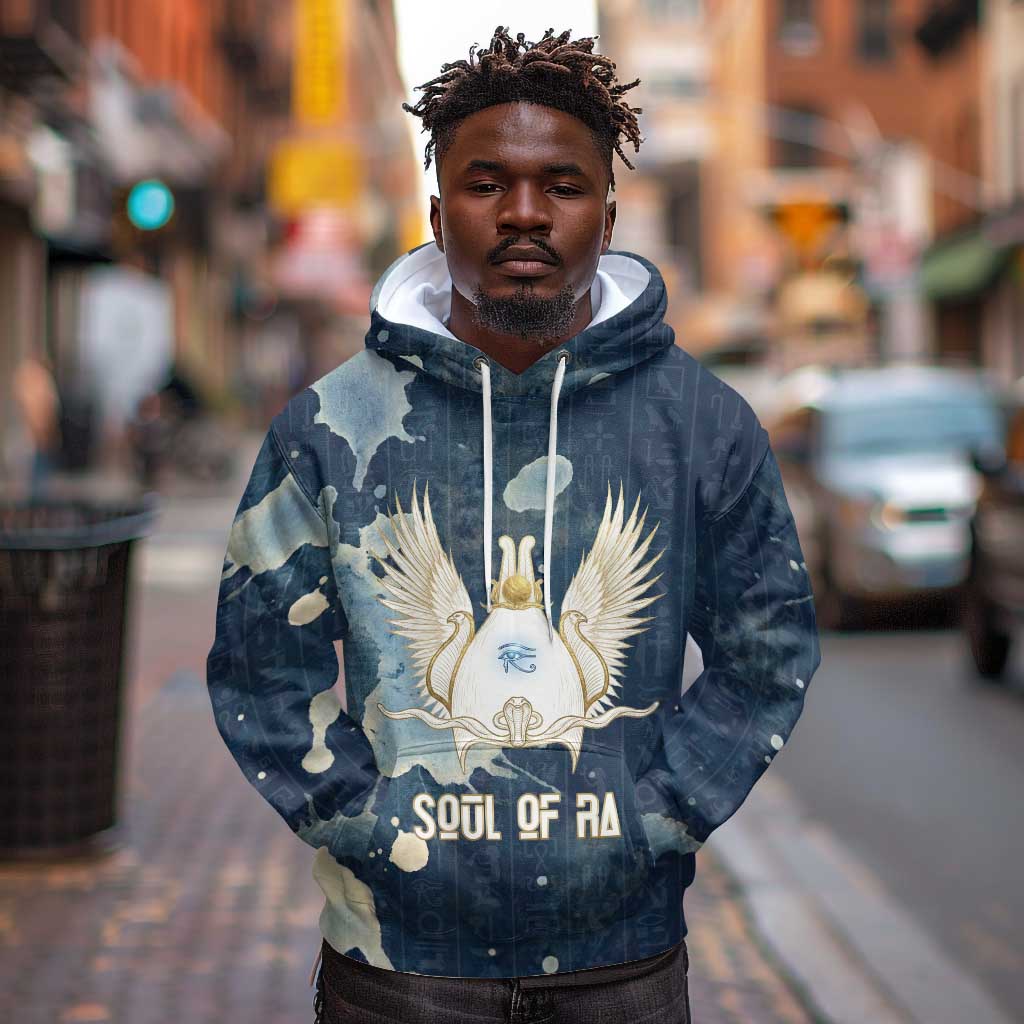 Bennu Ancient Egyptian Hoodie with Deep Blue Ink Wash, Winged Bennu Bird and Soul of Ra - Wonder Print Shop