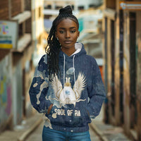 Bennu Ancient Egyptian Hoodie with Deep Blue Ink Wash, Winged Bennu Bird and Soul of Ra - Wonder Print Shop