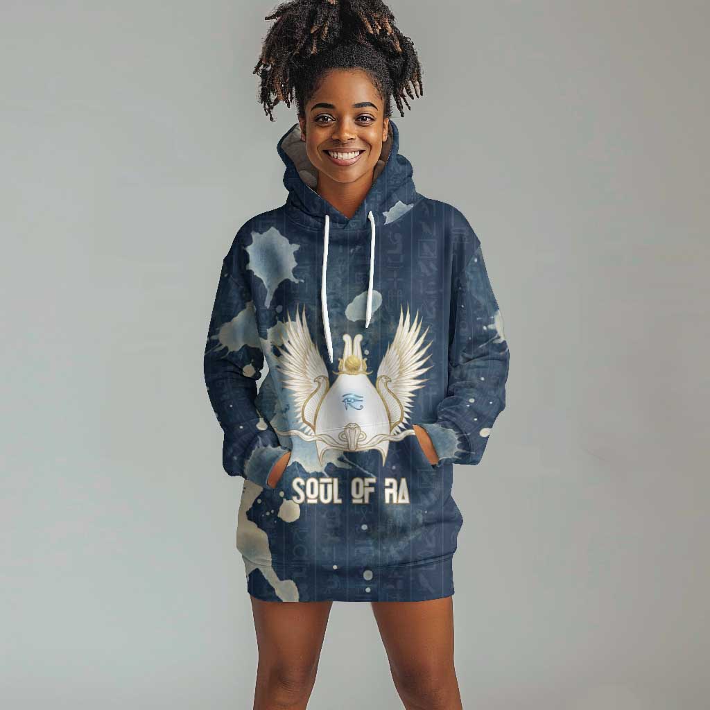 Bennu Ancient Egyptian Hoodie Dress with Deep Blue Ink Wash, Winged Bennu Bird and Soul of Ra - Wonder Print Shop