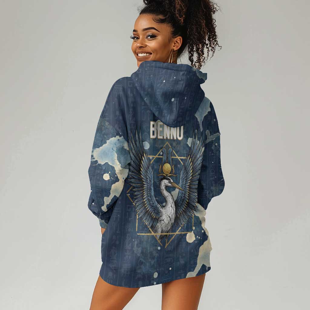 Bennu Ancient Egyptian Hoodie Dress with Deep Blue Ink Wash, Winged Bennu Bird and Soul of Ra - Wonder Print Shop