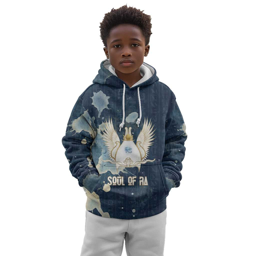 Bennu Ancient Egyptian Kid Hoodie with Deep Blue Ink Wash, Winged Bennu Bird and Soul of Ra - Wonder Print Shop