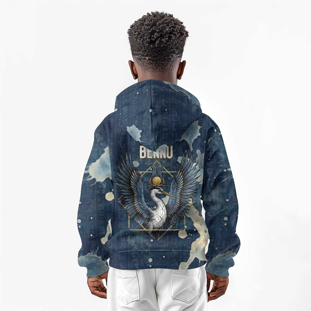 Bennu Ancient Egyptian Kid Hoodie with Deep Blue Ink Wash, Winged Bennu Bird and Soul of Ra - Wonder Print Shop