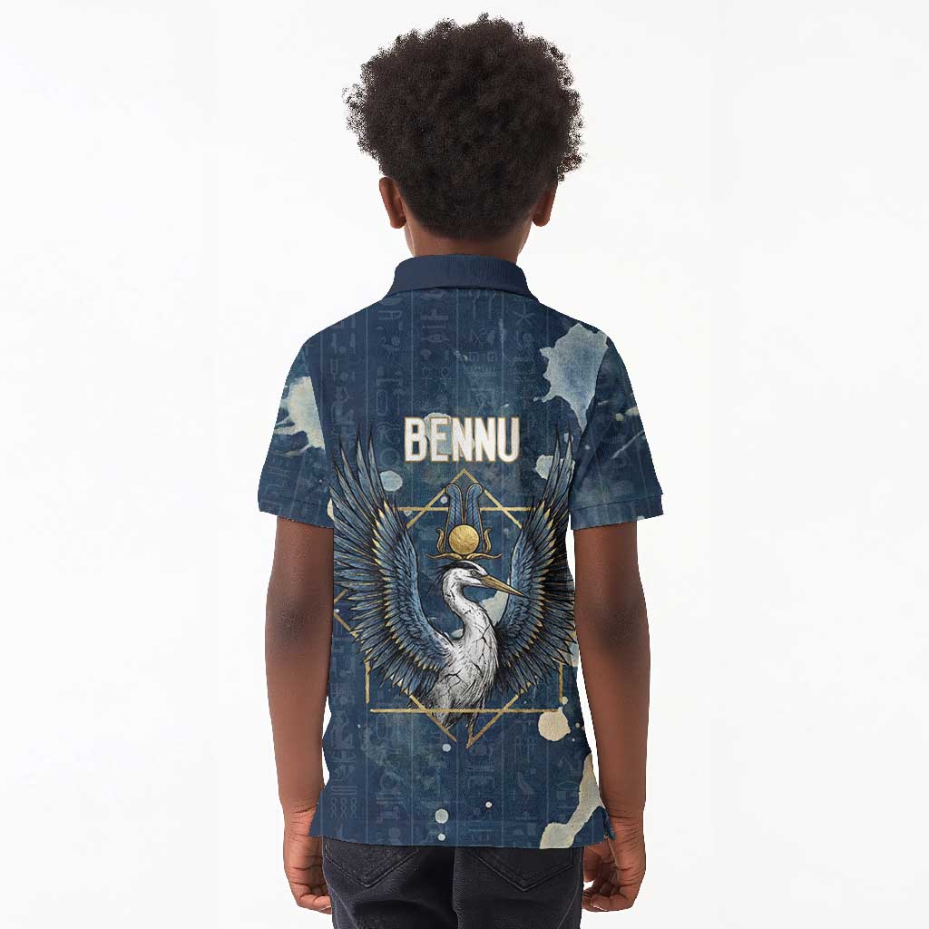 Bennu Ancient Egyptian Kid Polo Shirt with Deep Blue Ink Wash, Winged Bennu Bird and Soul of Ra - Wonder Print Shop