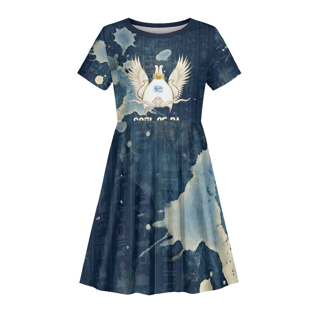 Bennu Ancient Egyptian Kid Short Sleeve Dress with Deep Blue Ink Wash, Winged Bennu Bird and Soul of Ra - Wonder Print Shop