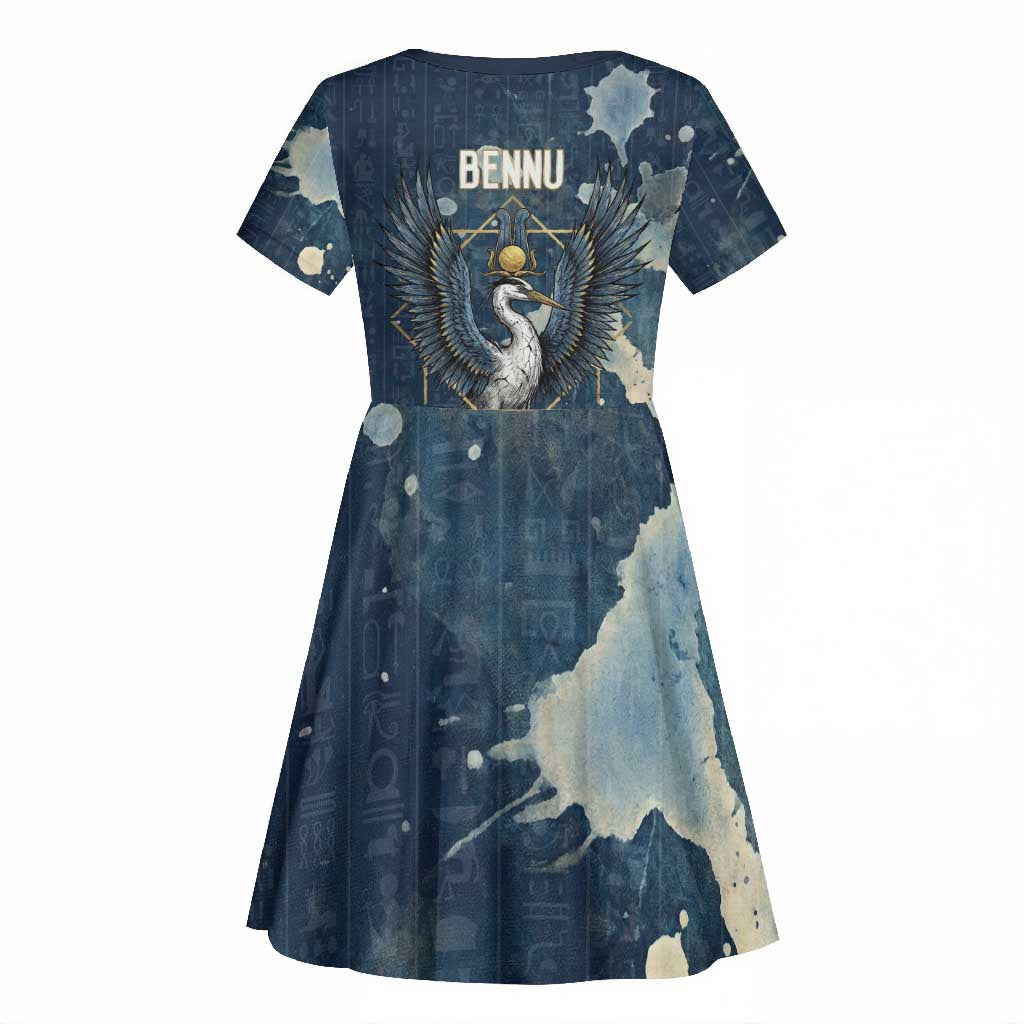 Bennu Ancient Egyptian Kid Short Sleeve Dress with Deep Blue Ink Wash, Winged Bennu Bird and Soul of Ra - Wonder Print Shop