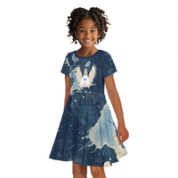 Bennu Ancient Egyptian Kid Short Sleeve Dress with Deep Blue Ink Wash, Winged Bennu Bird and Soul of Ra - Wonder Print Shop