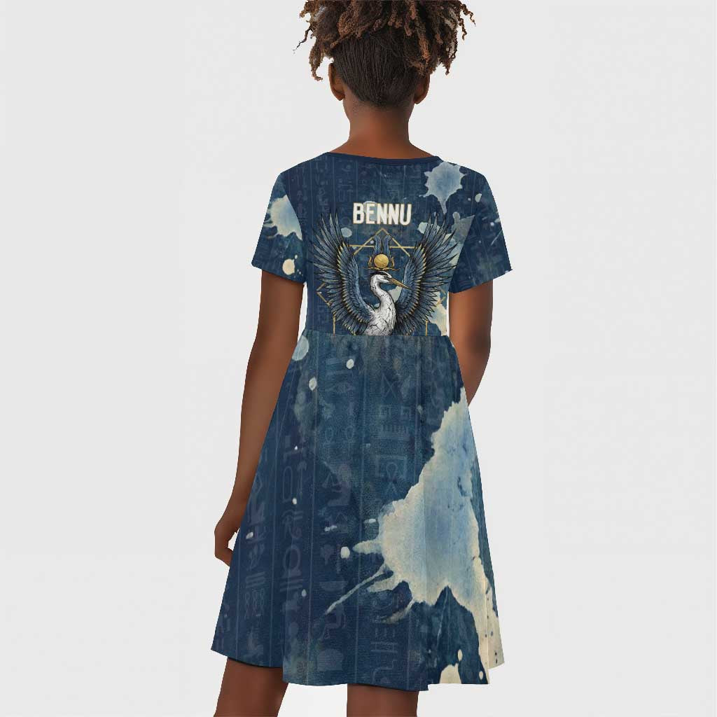 Bennu Ancient Egyptian Kid Short Sleeve Dress with Deep Blue Ink Wash, Winged Bennu Bird and Soul of Ra - Wonder Print Shop