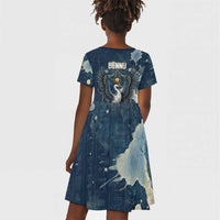 Bennu Ancient Egyptian Kid Short Sleeve Dress with Deep Blue Ink Wash, Winged Bennu Bird and Soul of Ra - Wonder Print Shop
