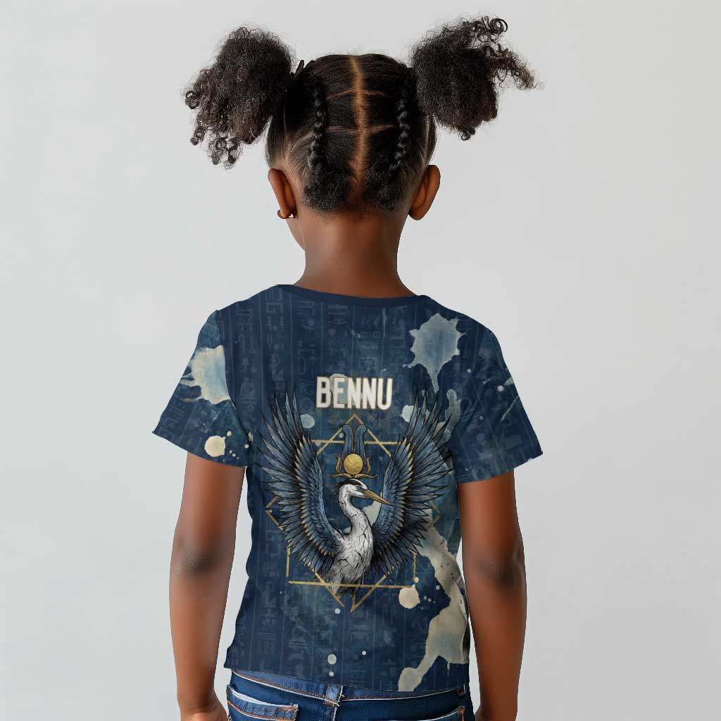 Bennu Ancient Egyptian Kid T shirt with Deep Blue Ink Wash, Winged Bennu Bird and Soul of Ra - Wonder Print Shop
