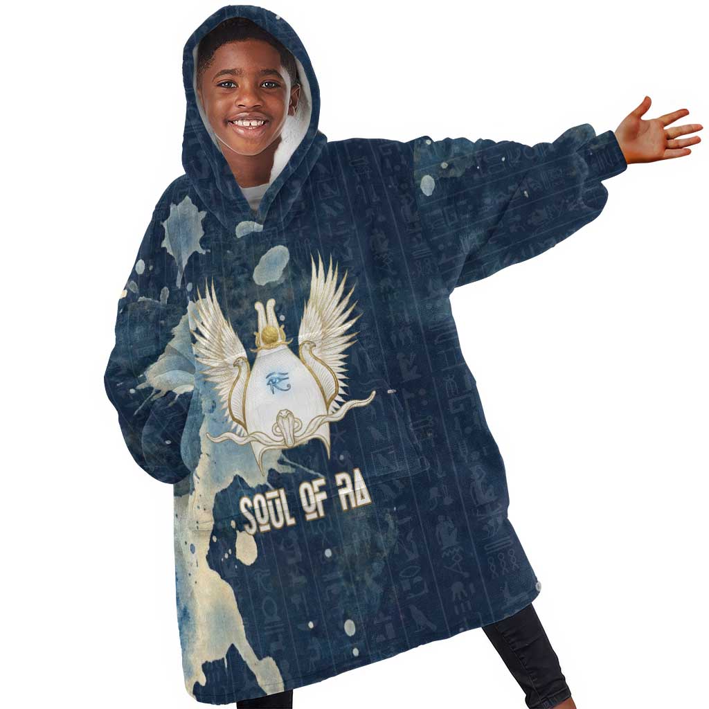 Bennu Ancient Egyptian Kid Wearable Blanket Hoodie with Deep Blue Ink Wash, Winged Bennu Bird and Soul of Ra - Wonder Print Shop