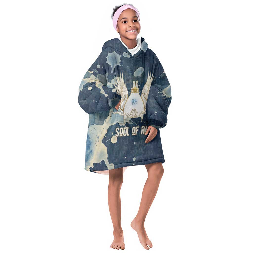 Bennu Ancient Egyptian Kid Wearable Blanket Hoodie with Deep Blue Ink Wash, Winged Bennu Bird and Soul of Ra - Wonder Print Shop