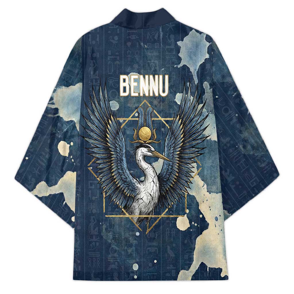 Bennu Ancient Egyptian Kimono with Deep Blue Ink Wash, Winged Bennu Bird and Soul of Ra - Wonder Print Shop