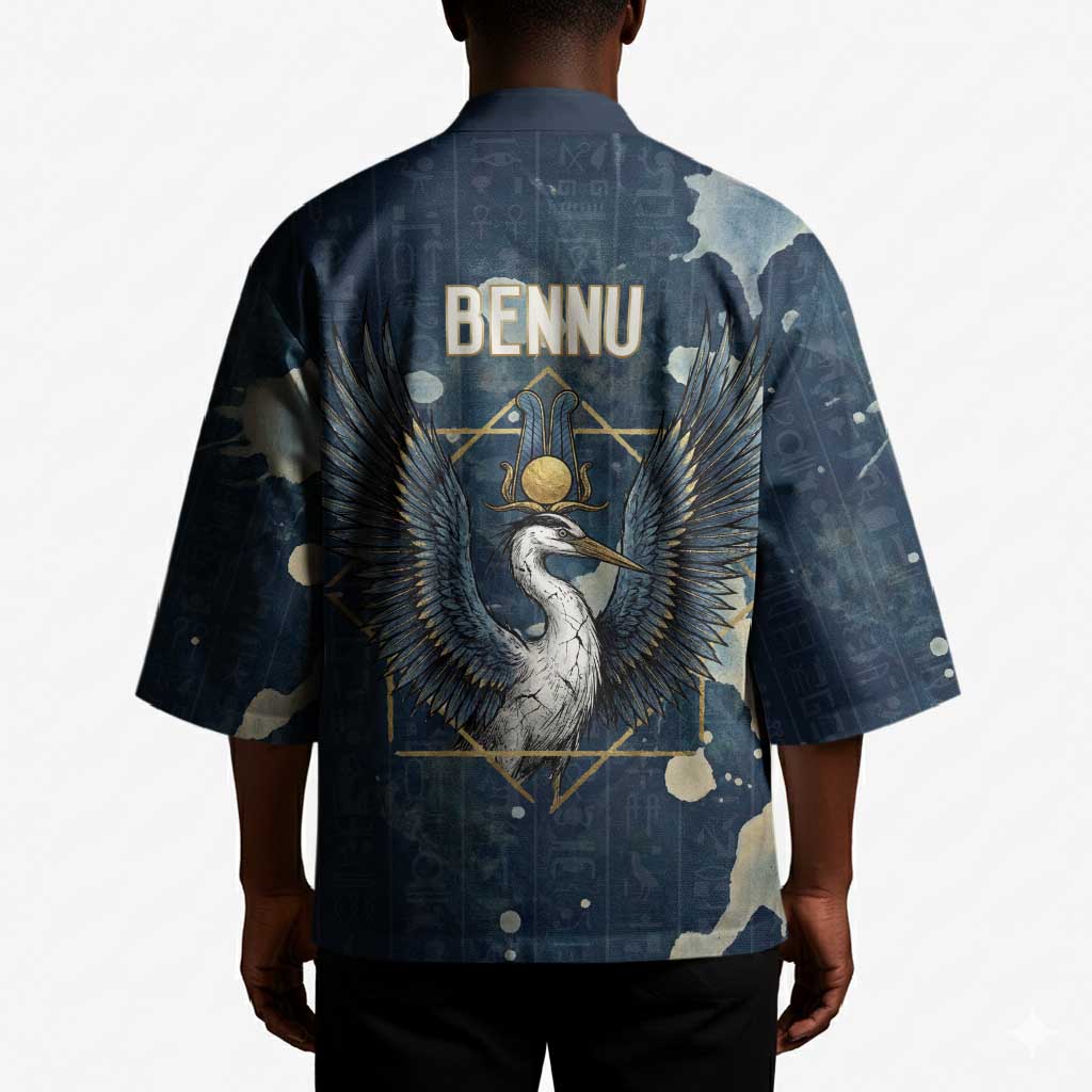 Bennu Ancient Egyptian Kimono with Deep Blue Ink Wash, Winged Bennu Bird and Soul of Ra - Wonder Print Shop