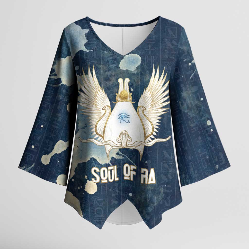 Bennu Ancient Egyptian Kimono Sleeve Blouse with Deep Blue Ink Wash, Winged Bennu Bird and Soul of Ra - Wonder Print Shop